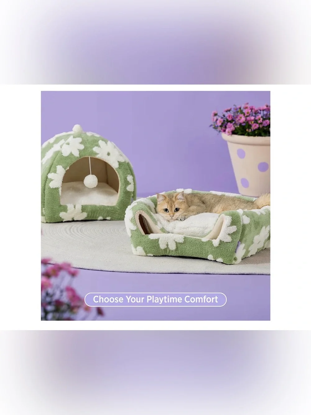 Cozy Green Floral Cat Cave Bed with Pom Toy